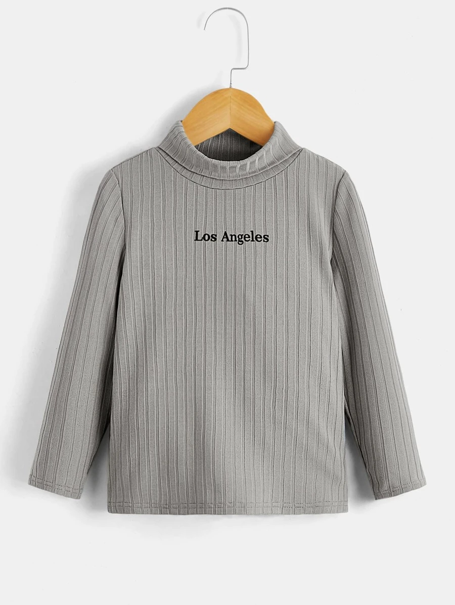 SHEIN Tops con trai lớn Gân đan Lá thư Giải trí - Xám - Xem 1