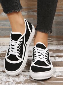Two Tone Contrast Binding Detail Canvas Shoes - Black and White - View 1
