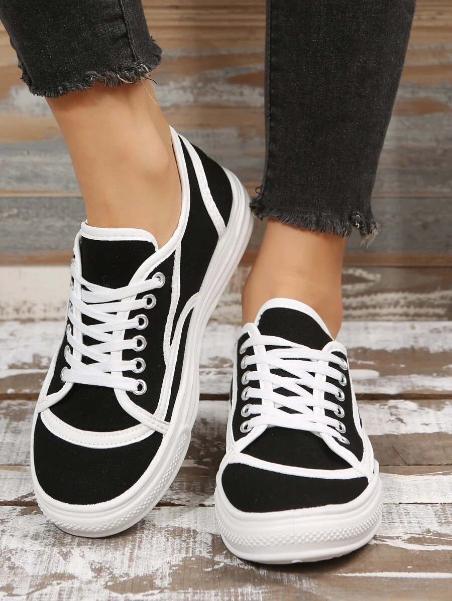 Two Tone Contrast Binding Detail Canvas Shoes - Black and White - View 1