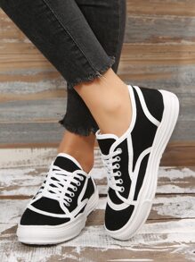 Two Tone Contrast Binding Detail Canvas Shoes - Black and White - View 2