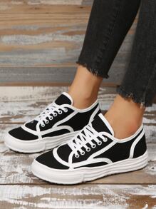 Two Tone Contrast Binding Detail Canvas Shoes - Black and White - View 6