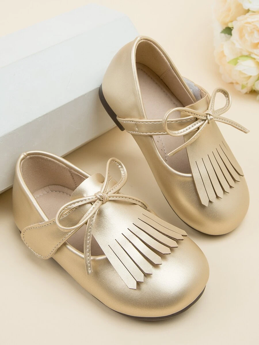 Girls Bow & Fringe Decor Mary Jane Flats - Gold - View 1