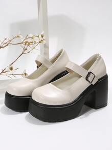 Zapatos mary jane plataforma con tacón grueso - Beis - Ver 4
