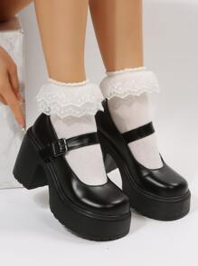 Platform Chunky Heeled Mary Jane Shoes - Black - View 1