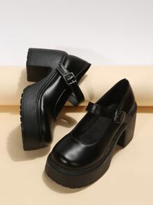 Platform Chunky Heeled Mary Jane Shoes - Black - View 2