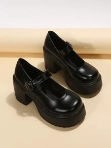 Platform Chunky Heeled Mary Jane Shoes - Black - View 3