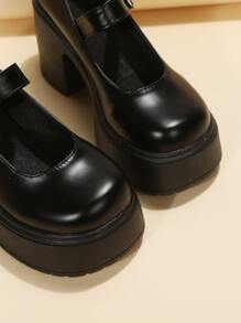 Platform Chunky Heeled Mary Jane Shoes - Black - View 5