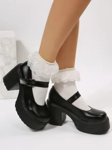Platform Chunky Heeled Mary Jane Shoes - Black - View 7
