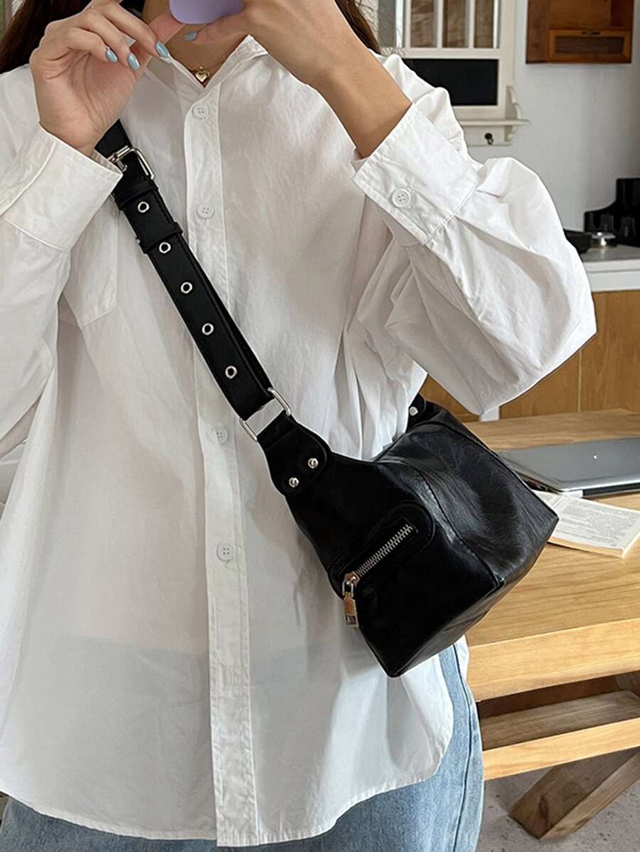 Túi Crossbody Nữ Thùa khuyết màu trơn Có thể điều chỉnh được Đúng mốt - màu đen - Xem 1