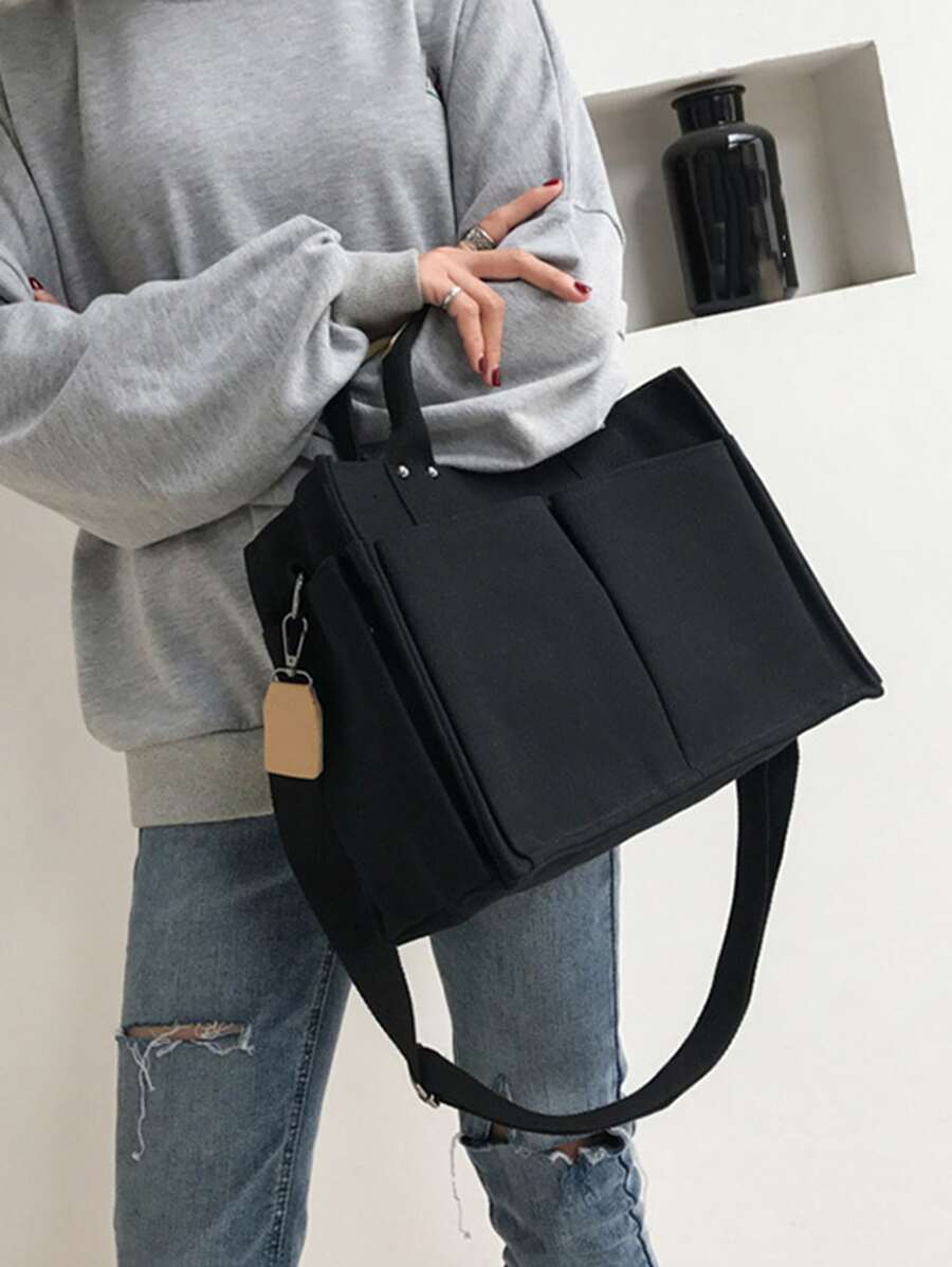 Túi tote vải đơn giản, Túi đeo chéo nữ, Túi nhiều túi có sức chứa lớn - màu đen - Xem 1