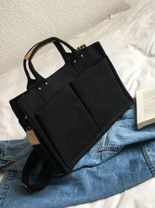 Túi tote vải đơn giản, Túi đeo chéo nữ, Túi nhiều túi có sức chứa lớn - màu đen - Xem 2