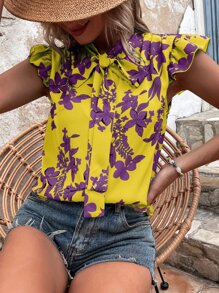 Breezaya Floral Print Tie Neck Blouse - Yellow - View 1