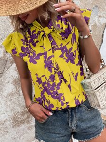 Breezaya Floral Print Tie Neck Blouse - Yellow - View 5