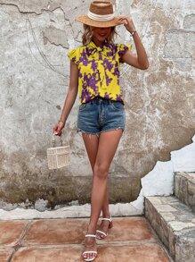 Breezaya Floral Print Tie Neck Blouse - Yellow - View 6