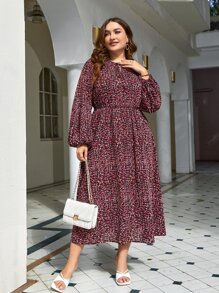 SHEIN Frenchy Plus Ditsy Floral Print Lantern Sleeve Dress - Burgundy - View 1