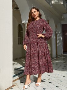 SHEIN Frenchy Plus Ditsy Floral Print Lantern Sleeve Dress - Burgundy - View 3