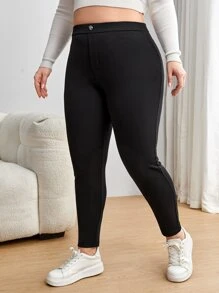 SHEIN EZwear Plus Solid Button Front Skinny Trousers - Black - View 1