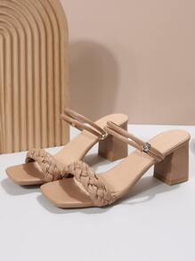 Women Braid Detail Chunky Heeled Multi-Way Wear Sandals, Fashion Summer Heeled Sandals - Apricot - View 6