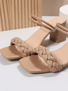 Women Braid Detail Chunky Heeled Multi-Way Wear Sandals, Fashion Summer Heeled Sandals - Apricot - View 7