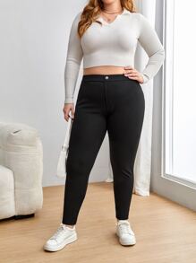 SHEIN EZwear Plus Solid Button Front Skinny Trousers - Black - View 4