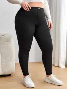 SHEIN EZwear Plus Solid Button Front Skinny Trousers - Black - View 5