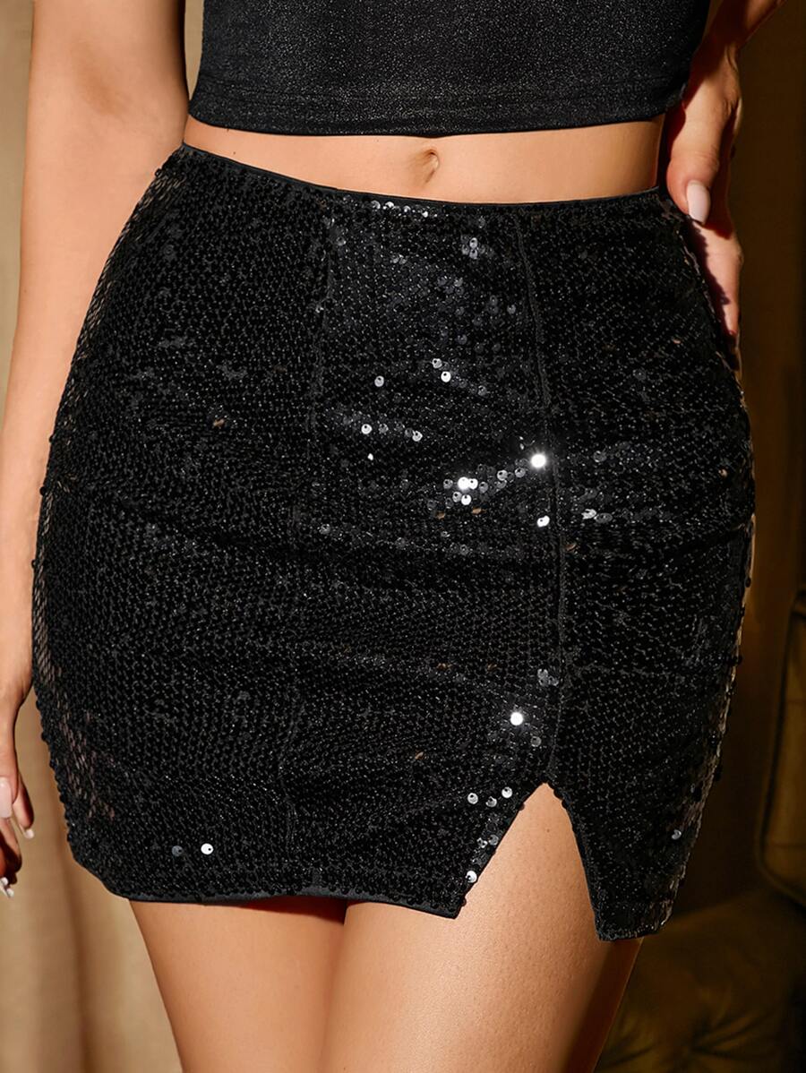 SHEINNeu Split Hem Sequin Skirt - Black - View 1
