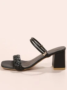 Women Braid Detail Chunky Heeled Multi-way Wear Sandals, Elegant Black Heeled Sandals - Black - View 4