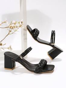 Women Braid Detail Chunky Heeled Multi-way Wear Sandals, Elegant Black Heeled Sandals - Black - View 5