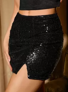 SHEINNeu Split Hem Sequin Skirt - Black - View 3