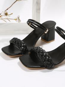 Women Braid Detail Chunky Heeled Multi-way Wear Sandals, Elegant Black Heeled Sandals - Black - View 7