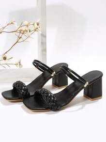Women Braid Detail Chunky Heeled Multi-way Wear Sandals, Elegant Black Heeled Sandals - Black - View 8