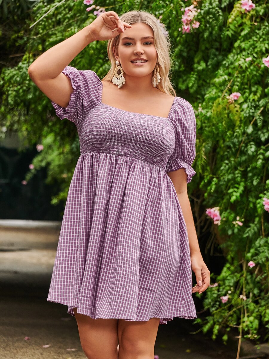 SHEIN VCAY Vestido con estampado de cuadros de cuello cuadrado de manga farol - Púrpura malva - Ver 1