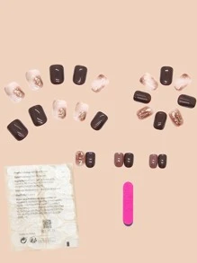 用24入組短方形棕色腮紅塗抹閃光假指甲和1入組指甲銼和1張膠帶改變您指甲 - 彩色 - 查看 2