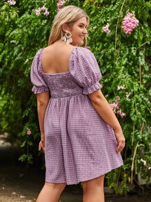 SHEIN VCAY Vestido con estampado de cuadros de cuello cuadrado de manga farol - Púrpura malva - Ver 2