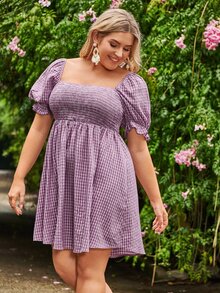 SHEIN VCAY Vestido con estampado de cuadros de cuello cuadrado de manga farol - Púrpura malva - Ver 4