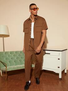 Manfinity Homme 男士翻蓋口袋襯衫和褲子 - 咖啡棕 - 查看 1