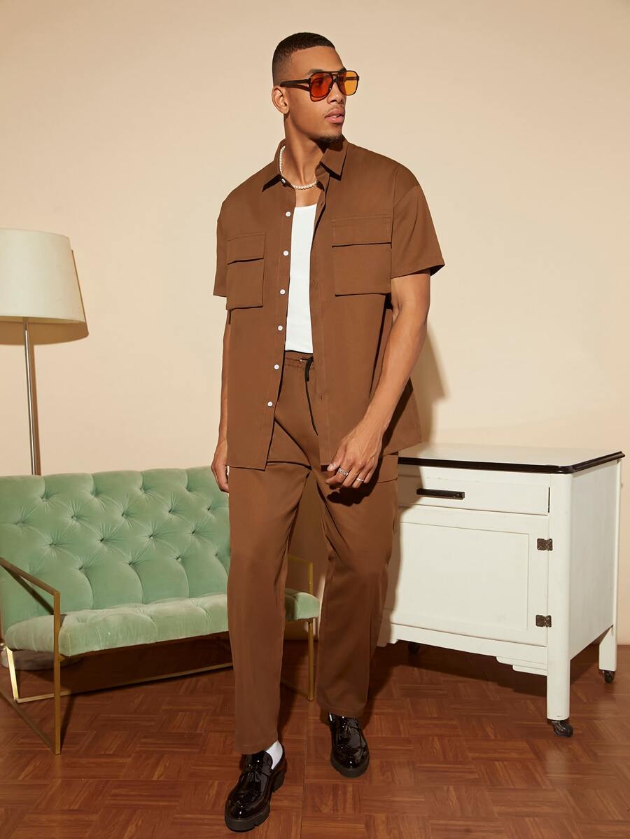 Manfinity Homme 男士翻蓋口袋襯衫和褲子 - 咖啡棕 - 查看 1