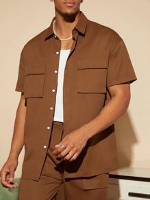 Manfinity Homme 男士翻蓋口袋襯衫和褲子 - 咖啡棕 - 查看 3