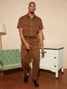 Manfinity Homme 男士翻蓋口袋襯衫和褲子 - 咖啡棕 - 查看 4