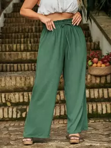 SHEIN LUNE Plus Paperbag Waist Wide Leg Trousers - Green - View 1