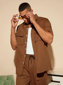 Manfinity Homme 男士翻蓋口袋襯衫和褲子 - 咖啡棕 - 查看 7