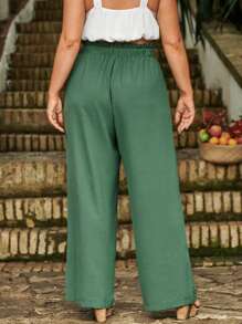 SHEIN LUNE Plus Paperbag Waist Wide Leg Trousers - Green - View 2