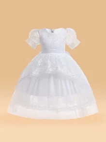 Young Girl Formal Dress With Solid Color Lace, Mesh, Satin Fabrics, Tutu Skirt, Butterfly Back, Elegant & , Suitable For Birthday Party - White - View 1