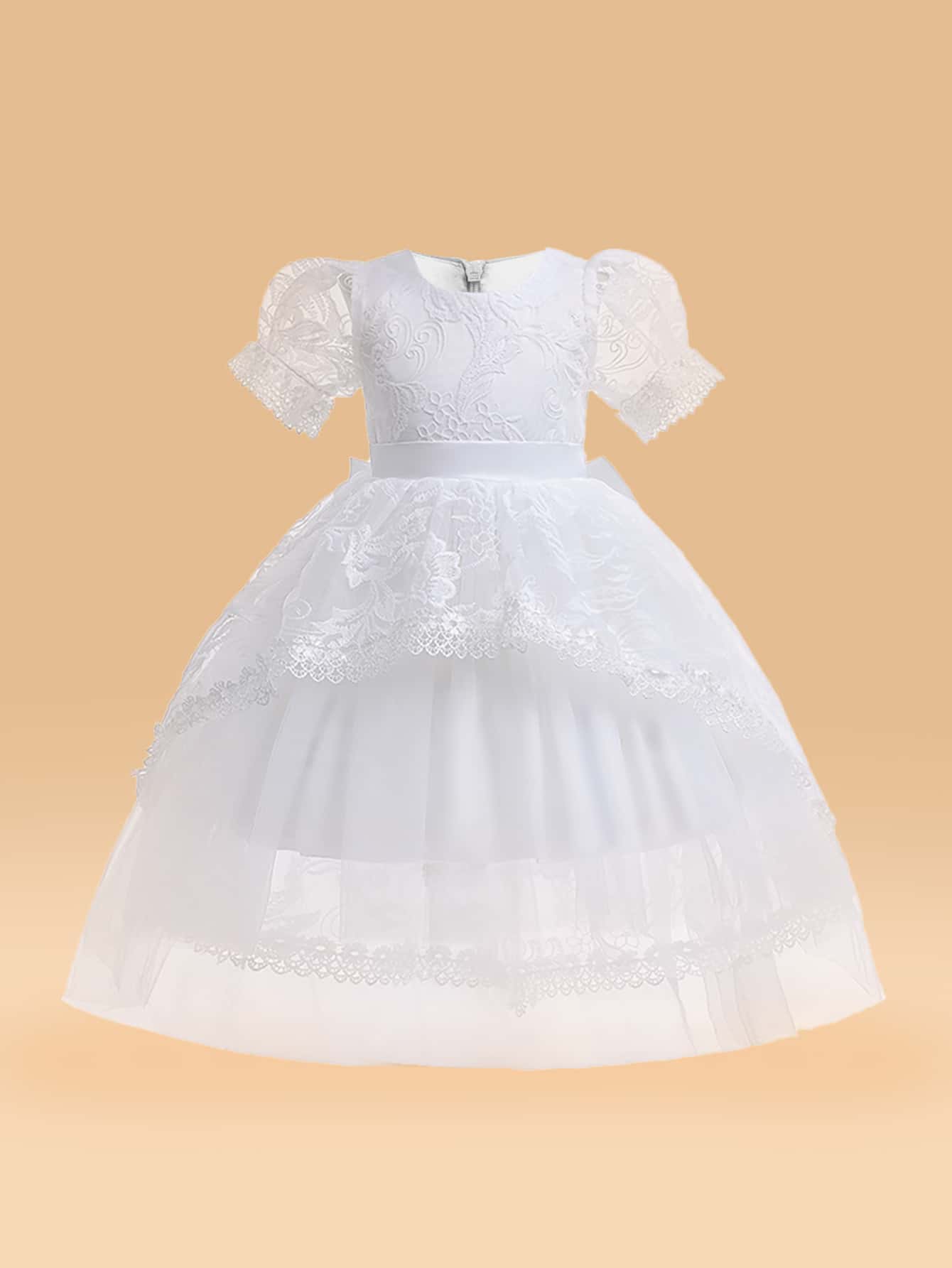 Young Girl Formal Dress With Solid Color Lace, Mesh, Satin Fabrics, Tutu Skirt, Butterfly Back, Elegant & , Suitable For Birthday Party - White - View 1