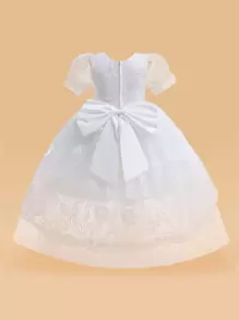 Young Girl Formal Dress With Solid Color Lace, Mesh, Satin Fabrics, Tutu Skirt, Butterfly Back, Elegant & , Suitable For Birthday Party - White - View 2