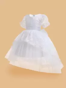 Young Girl Formal Dress With Solid Color Lace, Mesh, Satin Fabrics, Tutu Skirt, Butterfly Back, Elegant & , Suitable For Birthday Party - White - View 3