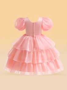 Váy vải tuyn thanh lịch dành cho các cô gái trẻ với trang trí ngọc trai và váy phồng, hoàn hảo cho bữa tiệc sinh nhật hoặc buổi biểu diễn ở trường - Màu Hồng  San hô - Xem 2