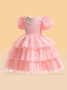 Váy vải tuyn thanh lịch dành cho các cô gái trẻ với trang trí ngọc trai và váy phồng, hoàn hảo cho bữa tiệc sinh nhật hoặc buổi biểu diễn ở trường - Màu Hồng  San hô - Xem 3