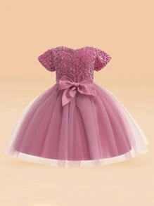 Young Girls Sparkle Mesh Puff Princess Dress, Flower Girls Wedding Party Elegant Dress, Does Not Include Headpiece