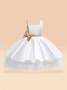 Young Girls' Satin Tulle Bow Decorated Puffy Dress With Elegant Style, Perfect For Evening Party Performance - White - View 2